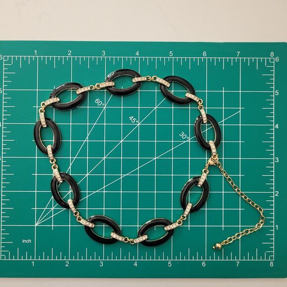 3 Pc Set Black Enamel Gold Tone Link Necklace Set Rhinestone Chunky 16-19" Vtg - Picture 11 of 16